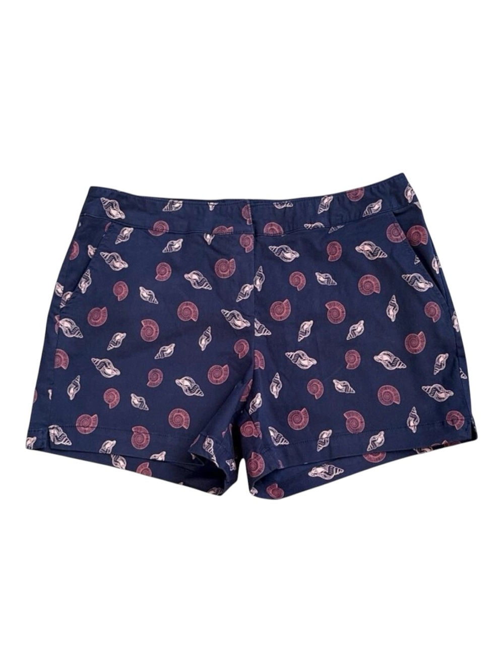 Recreation Shorts Womens Petite 16P Navy Blue Seashell Nautical Print Flat Front